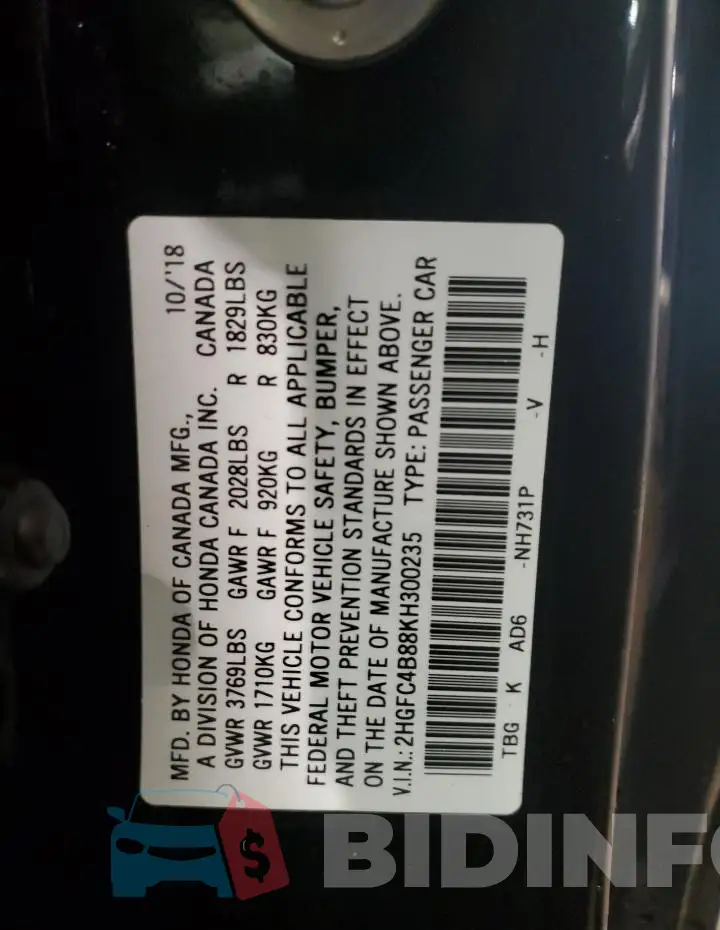 2HGFC4B88KH300235 Photo# 12