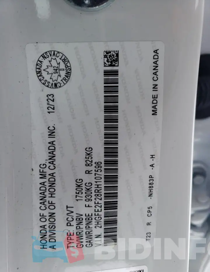 2HGFE2F28RH107596 Photo# 12
