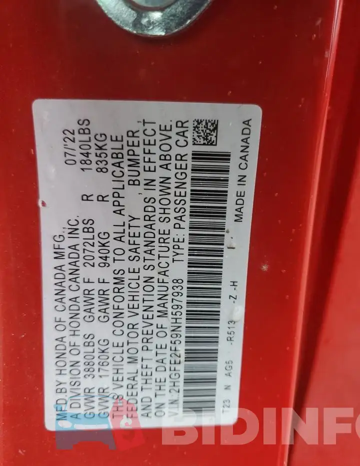 2HGFE2F59NH597938 Photo# 12