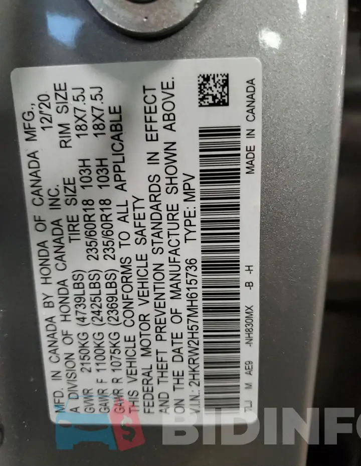 2HKRW2H57MH615736 Photo# 13