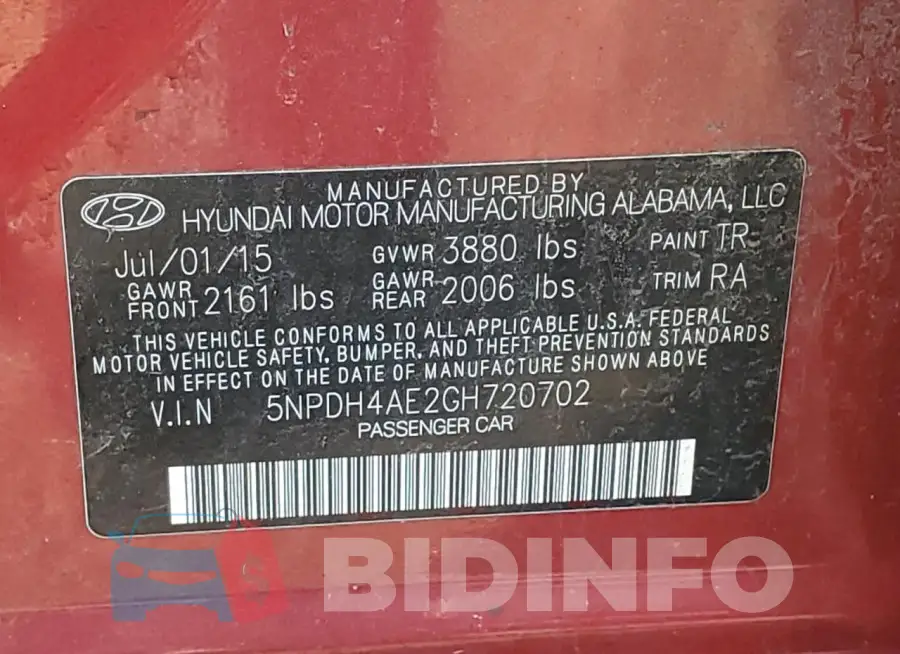 5NPDH4AE2GH720702 Photo# 12