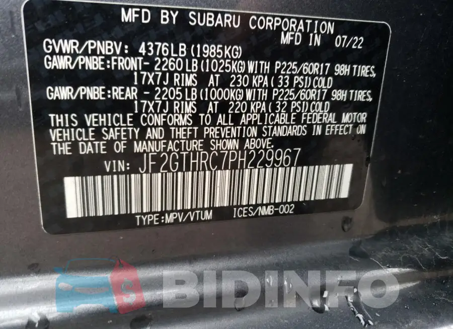 JF2GTHRC7PH229967 Photo# 14