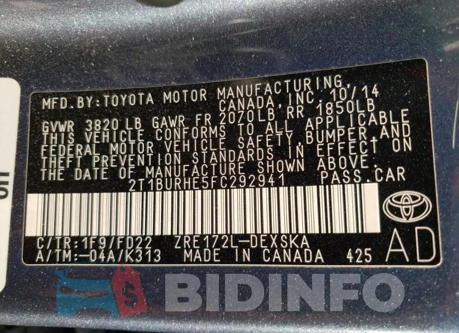2T1BURHE5FC292941 Photo# 12