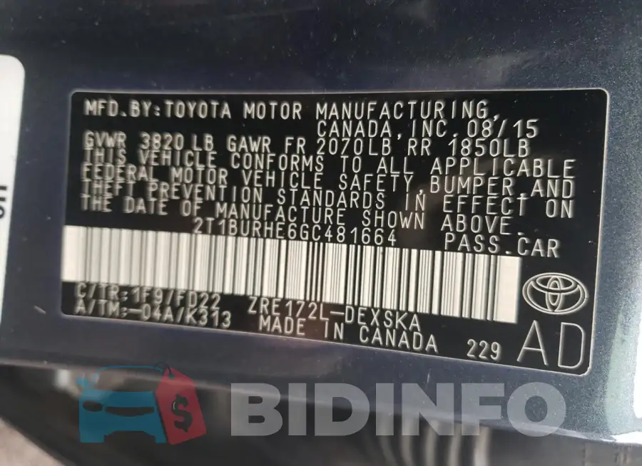 2T1BURHE6GC481664 Photo# 12