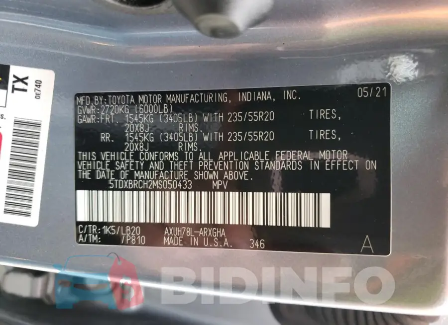 5TDXBRCH2MS050433 Photo# 12