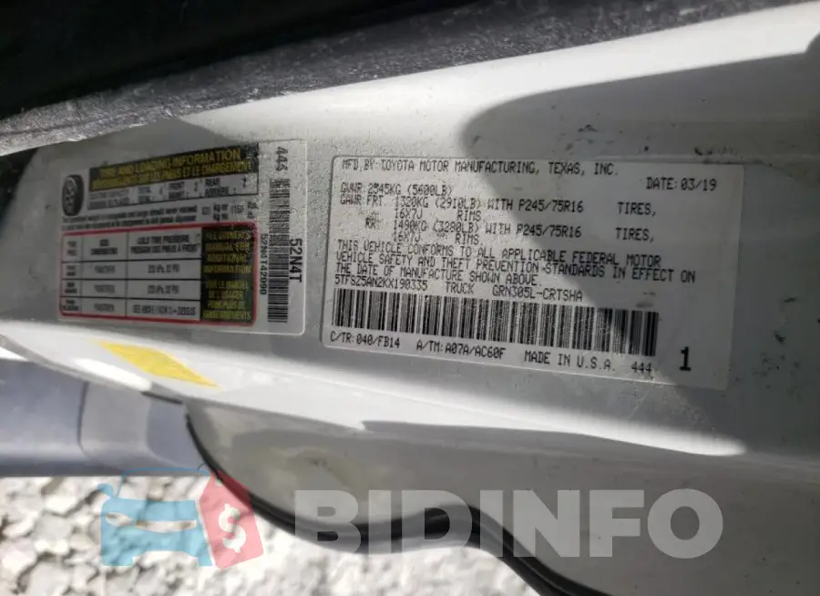 5TFSZ5AN2KX190335 Photo# 10