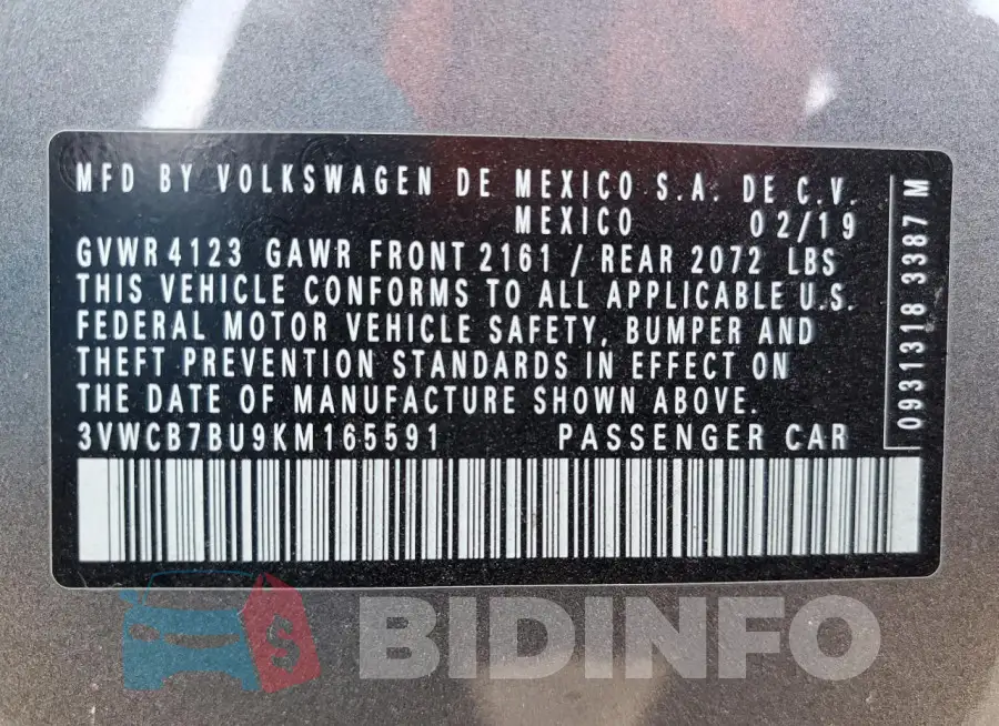 3VWCB7BU9KM165591 Photo# 12