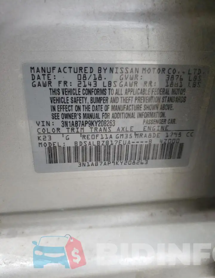 3N1AB7AP9KY208263 Photo# 12