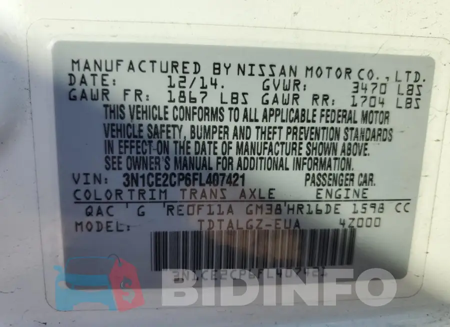 3N1CE2CP6FL407421 Photo# 12