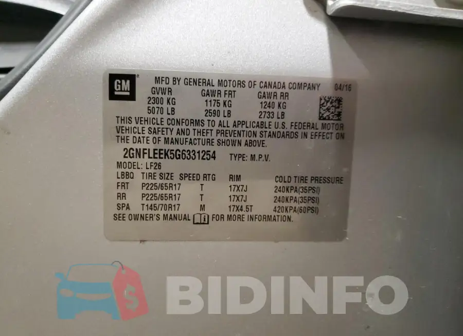 2GNFLEEK5G6331254 Photo# 13