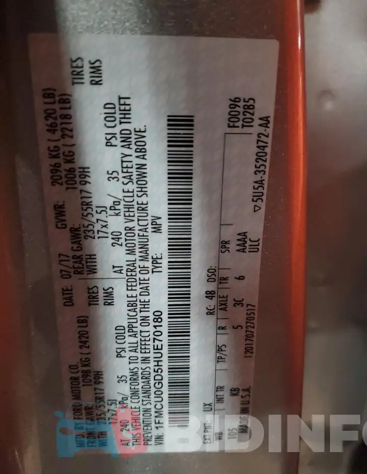 1FMCU0GD5HUE70180 Photo# 13