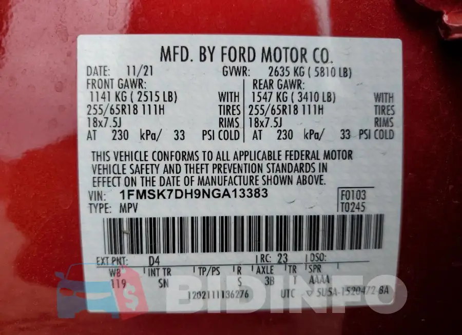 1FMSK7DH9NGA13383 Photo# 13