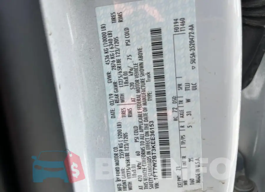 1FT7W2BT3KEE36153 Photo# 10