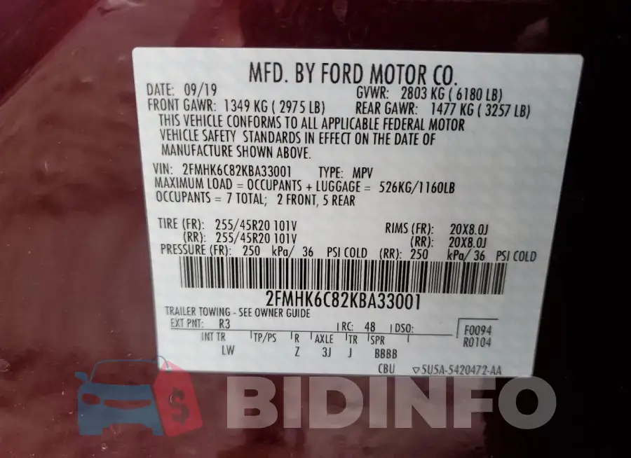2FMHK6C82KBA33001 Photo# 12