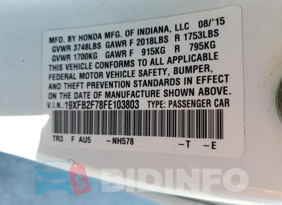19XFB2F78FE103803 Photo# 12