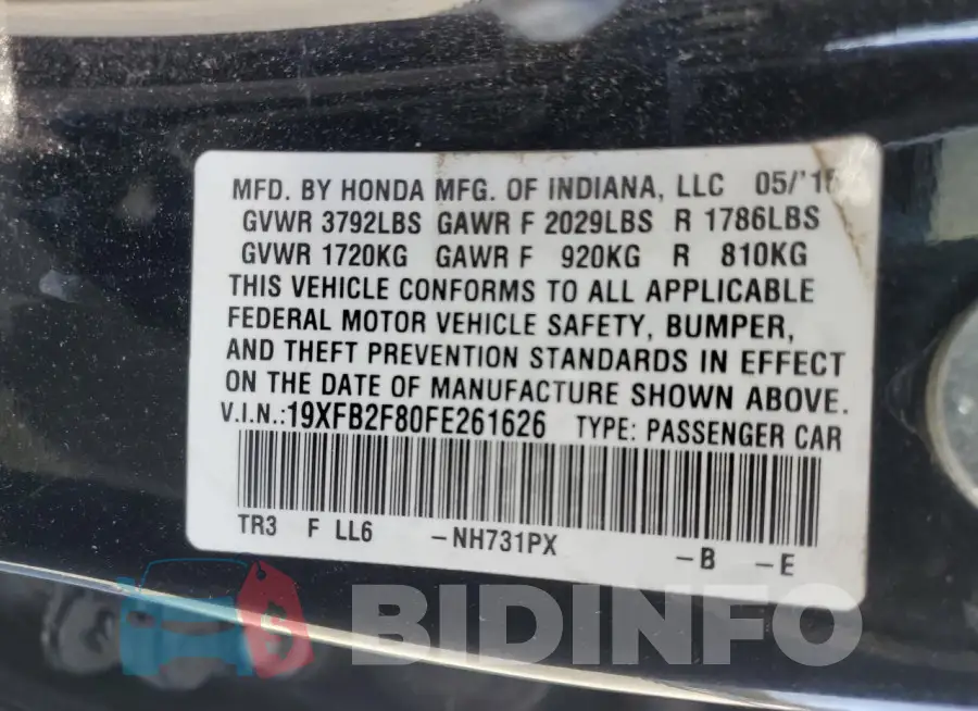 19XFB2F80FE261626 Photo# 12