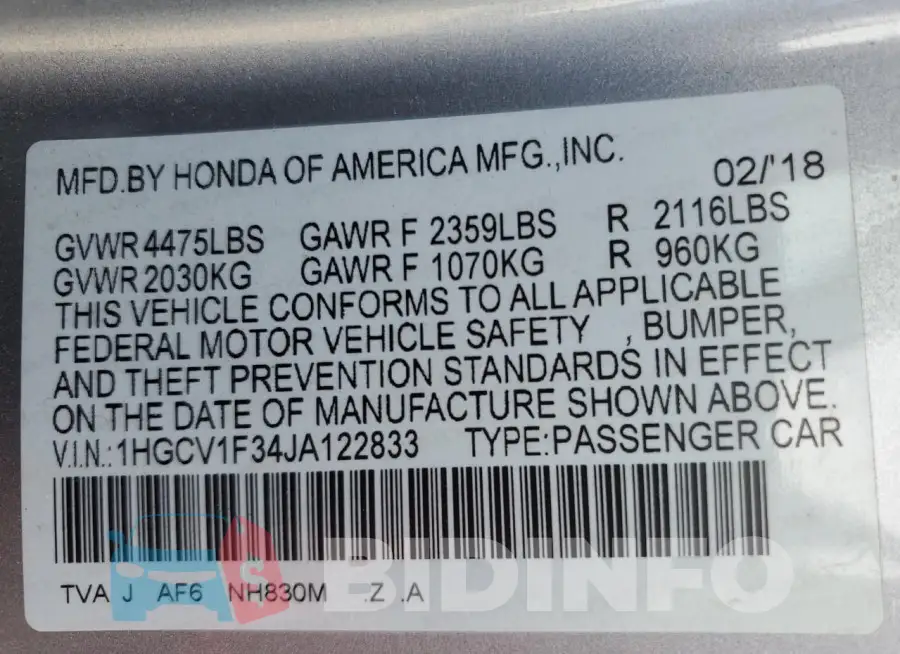1HGCV1F34JA122833 Photo# 13