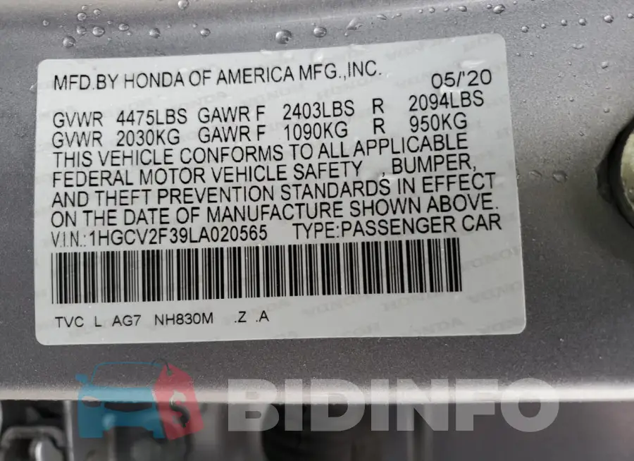1HGCV2F39LA020565 Photo# 12