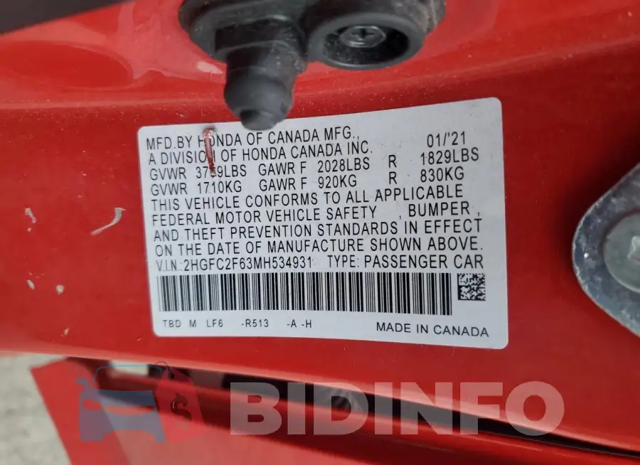 2HGFC2F63MH534931 Photo# 12