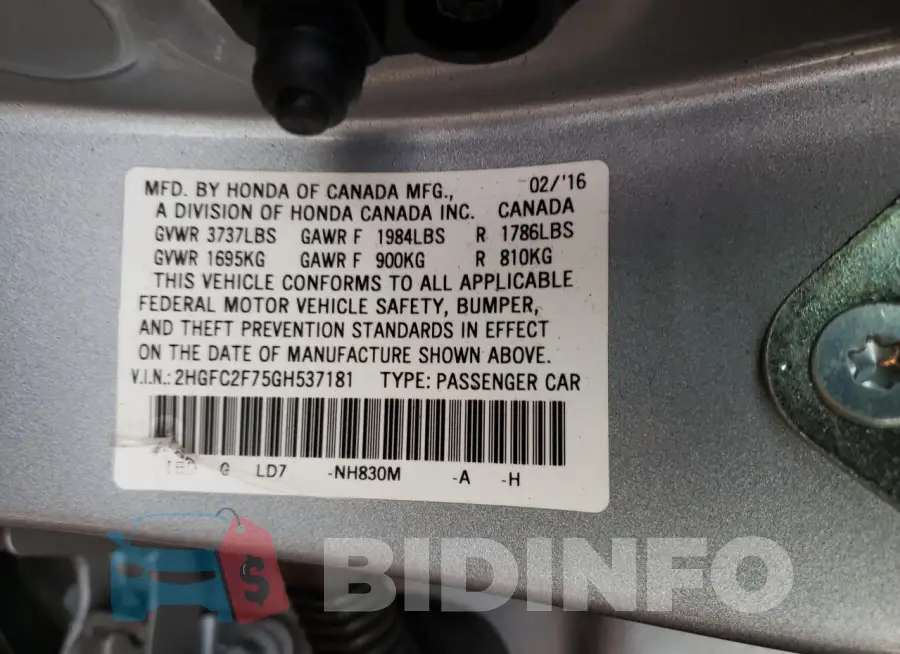 2HGFC2F75GH537181 Photo# 13