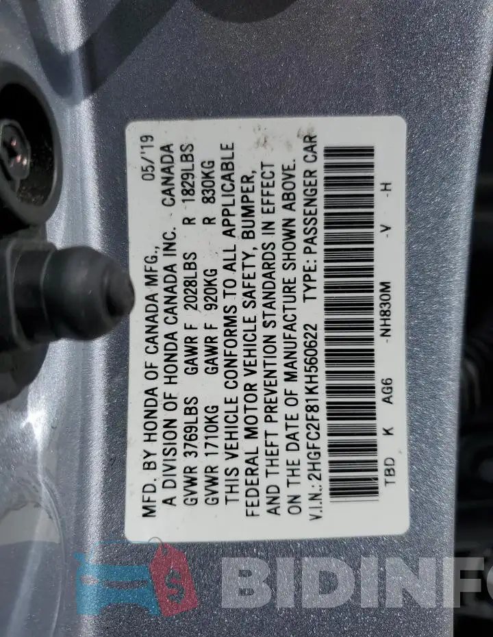 2HGFC2F81KH560622 Photo# 12