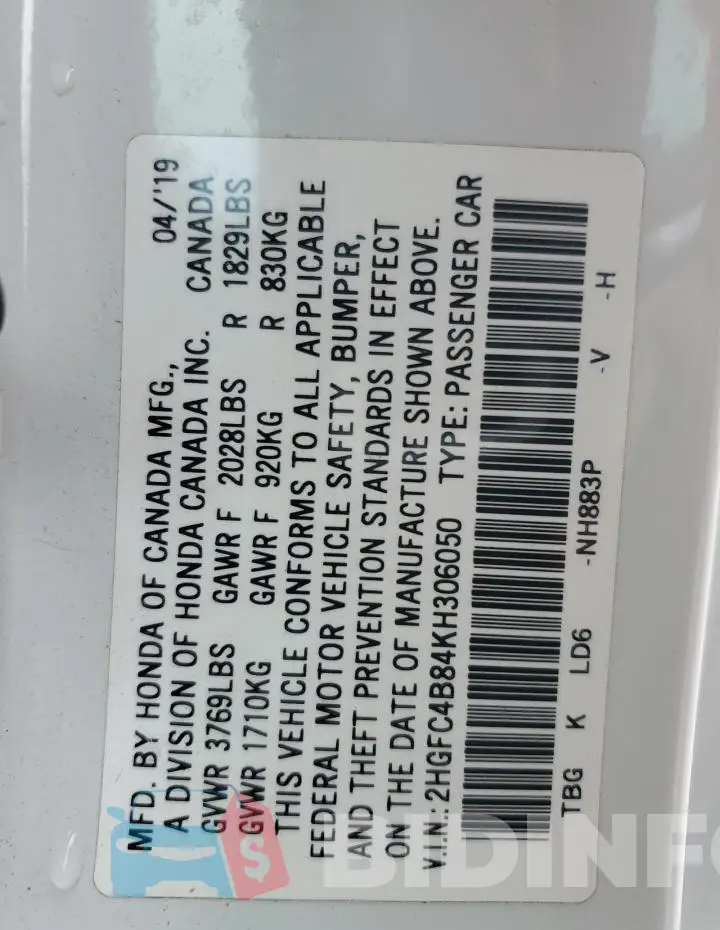 2HGFC4B84KH306050 Photo# 13