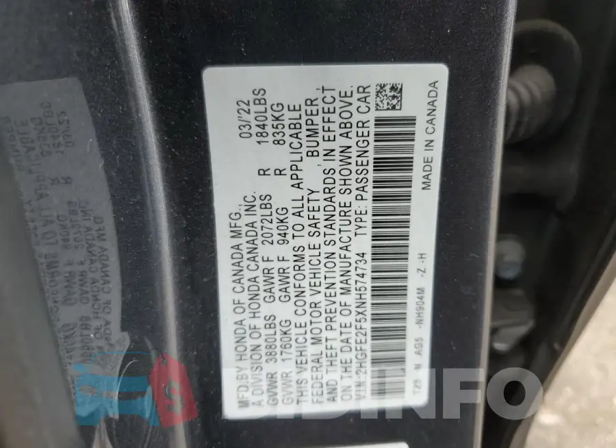 2HGFE2F5XNH574734 Photo# 12