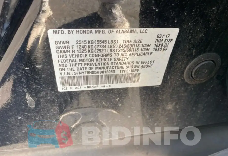 5FNYF5H55HB012060 Photo# 10