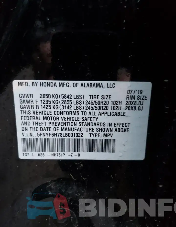 5FNYF6H78LB001022 Photo# 13