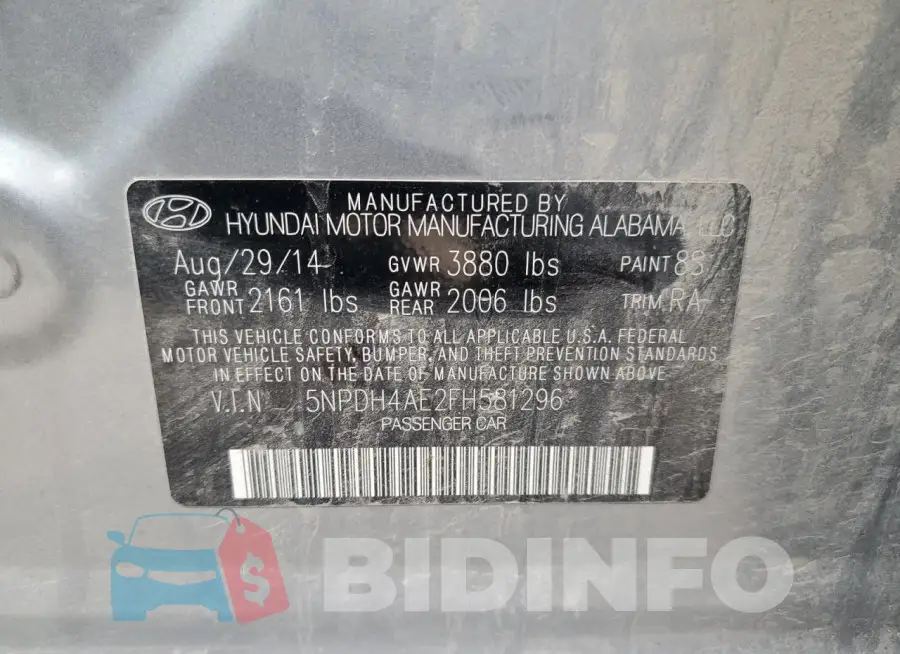 5NPDH4AE2FH581296 Photo# 12
