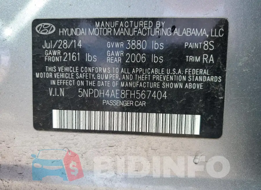 5NPDH4AE8FH567404 Photo# 12