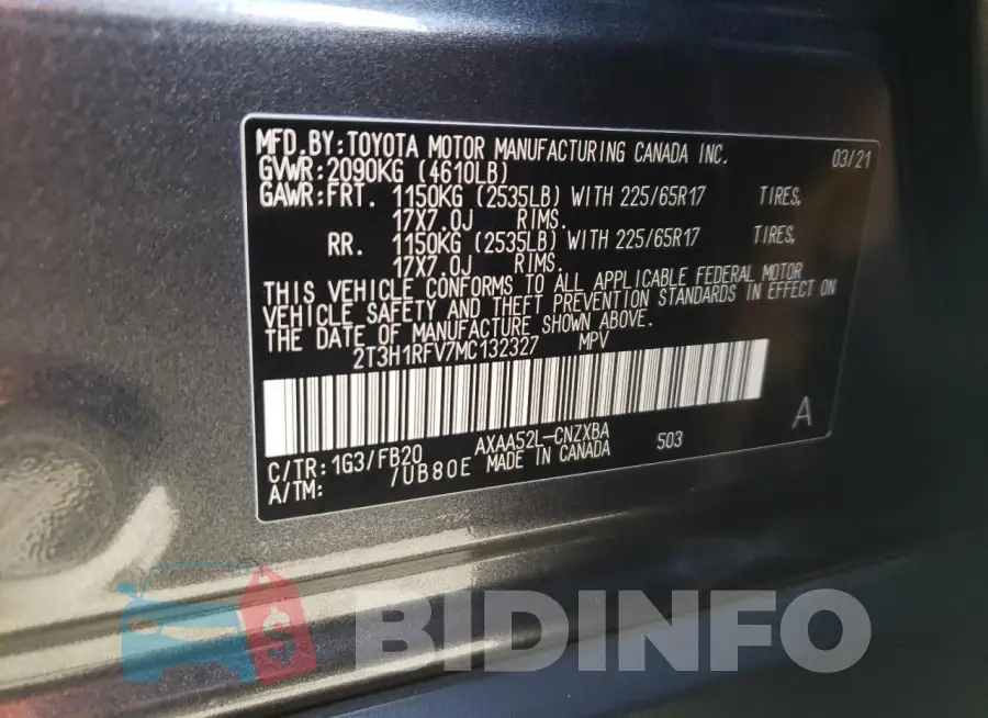 2T3H1RFV7MC132327 Photo# 14