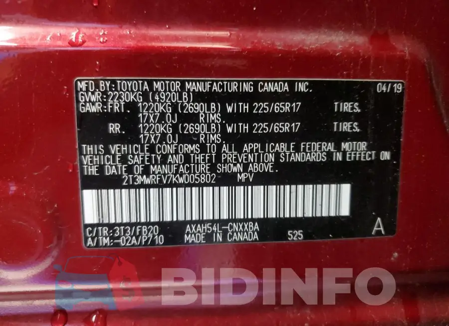2T3MWRFV7KW005802 Photo# 13