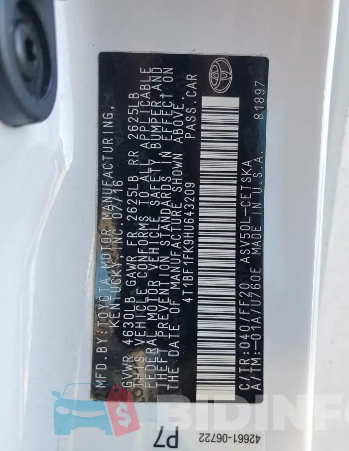 4T1BF1FK9HU643209 Photo# 13