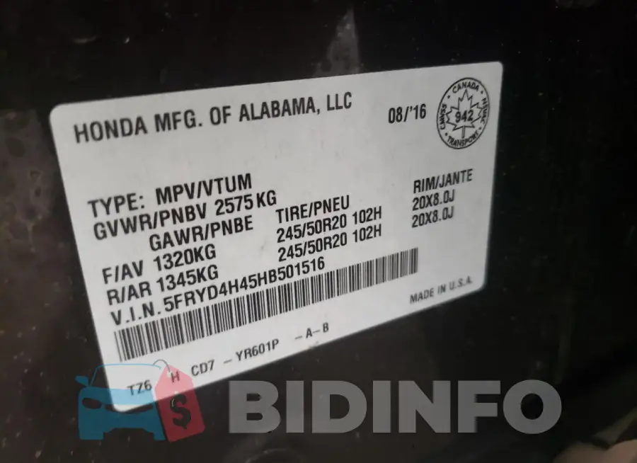 5FRYD4H45HB501516 Photo# 12