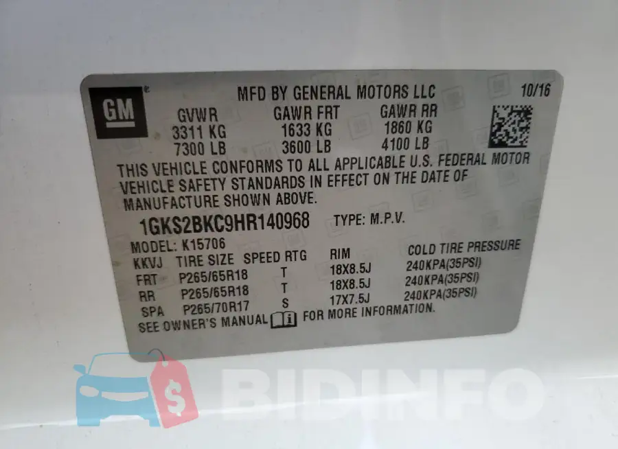 1GKS2BKC9HR140968 Photo# 13