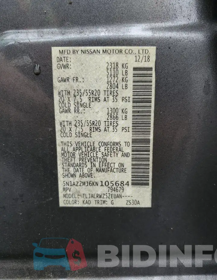 5N1AZ2MJ6KN105684 Photo# 14