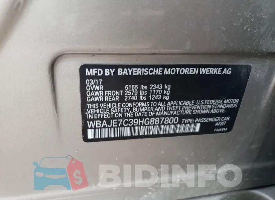 WBAJE7C39HG887800 Photo# 12