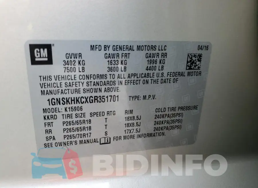 1GNSKHKCXGR351701 Photo# 13