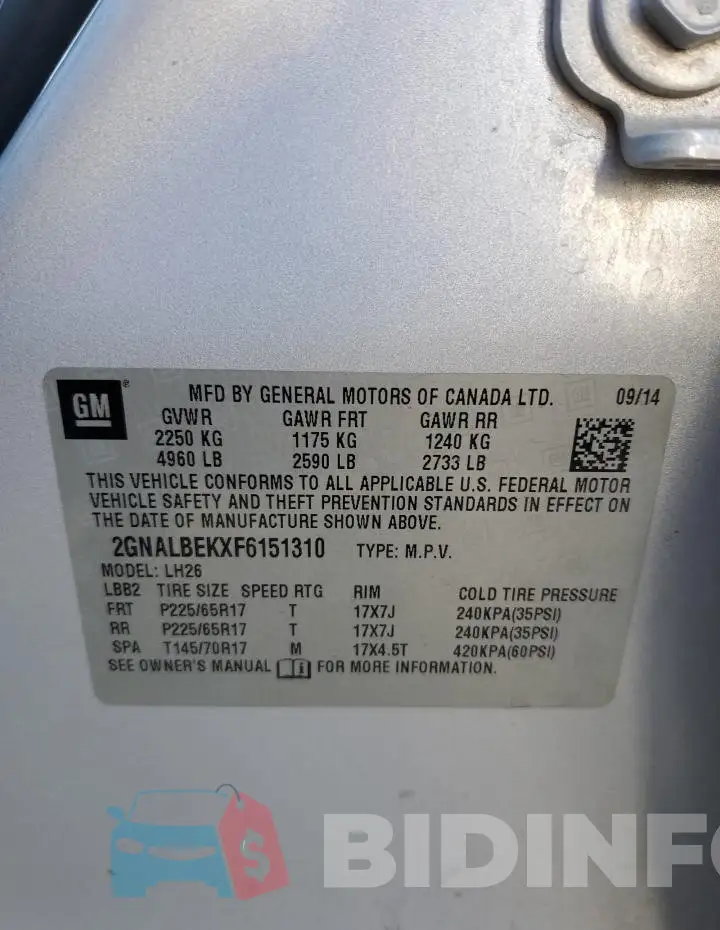 2GNALBEKXF6151310 Photo# 12