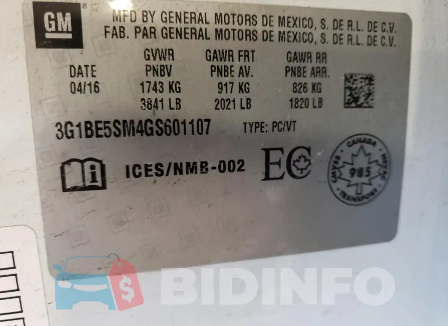 3G1BE5SM4GS601107 Photo# 12