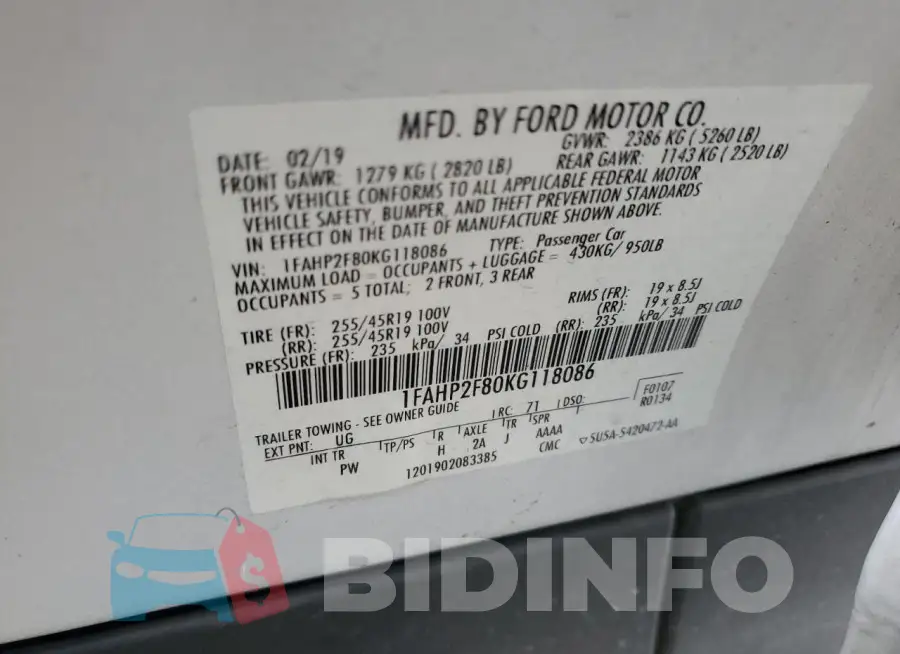1FAHP2F80KG118086 Photo# 12