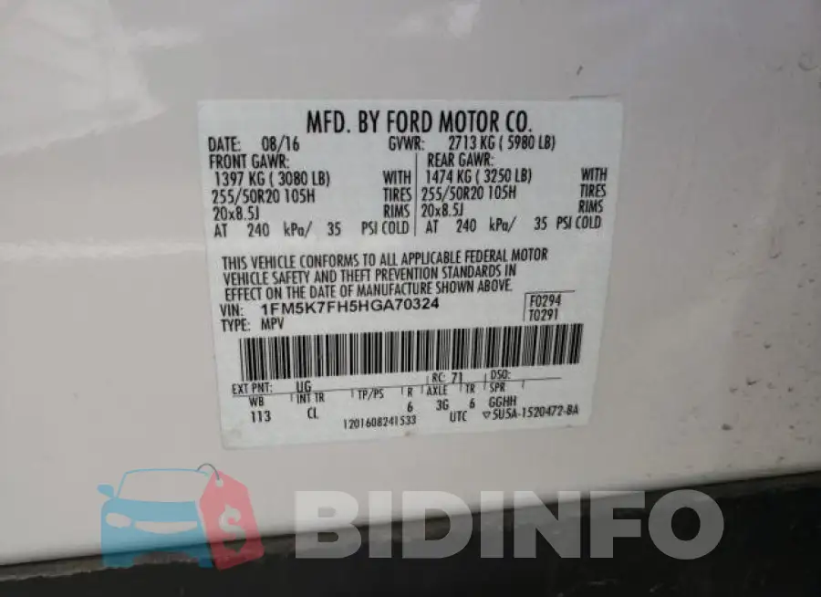 1FM5K7FH5HGA70324 Photo# 13