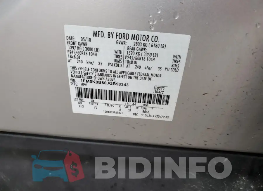 1FM5K8B80JGB98343 Photo# 13