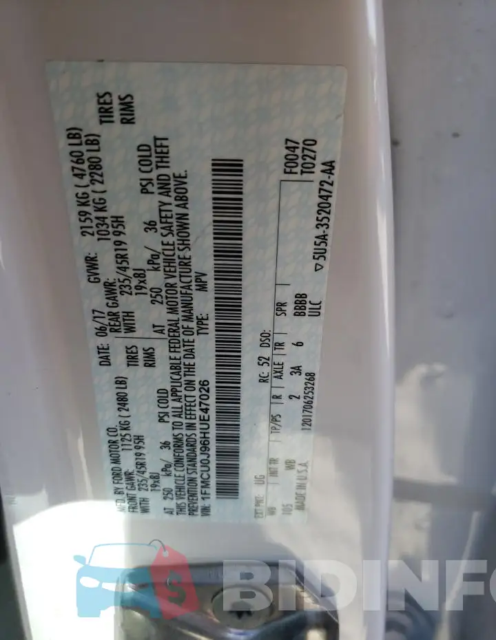 1FMCU0J96HUE47026 Photo# 12