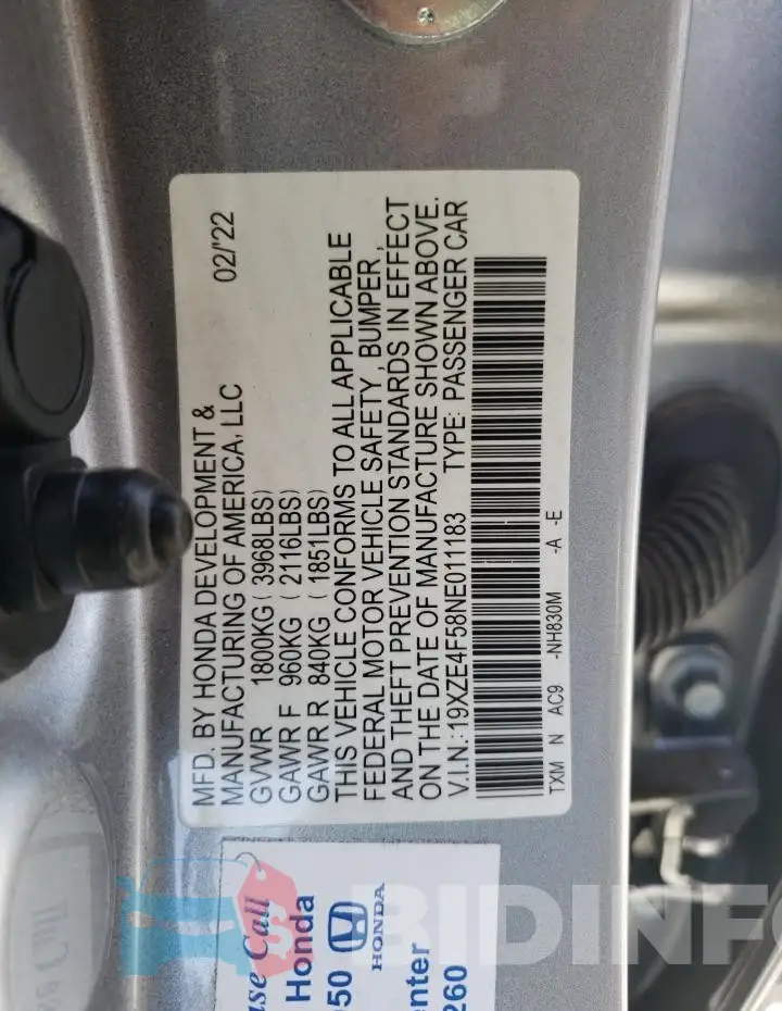 19XZE4F58NE011183 Photo# 12
