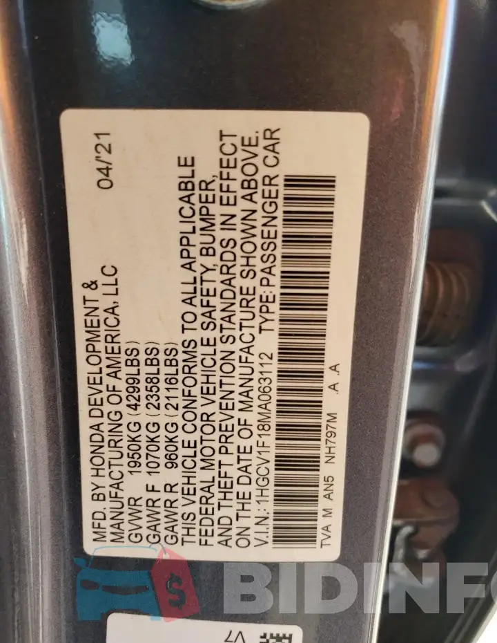 1HGCV1F18MA063112 Photo# 12