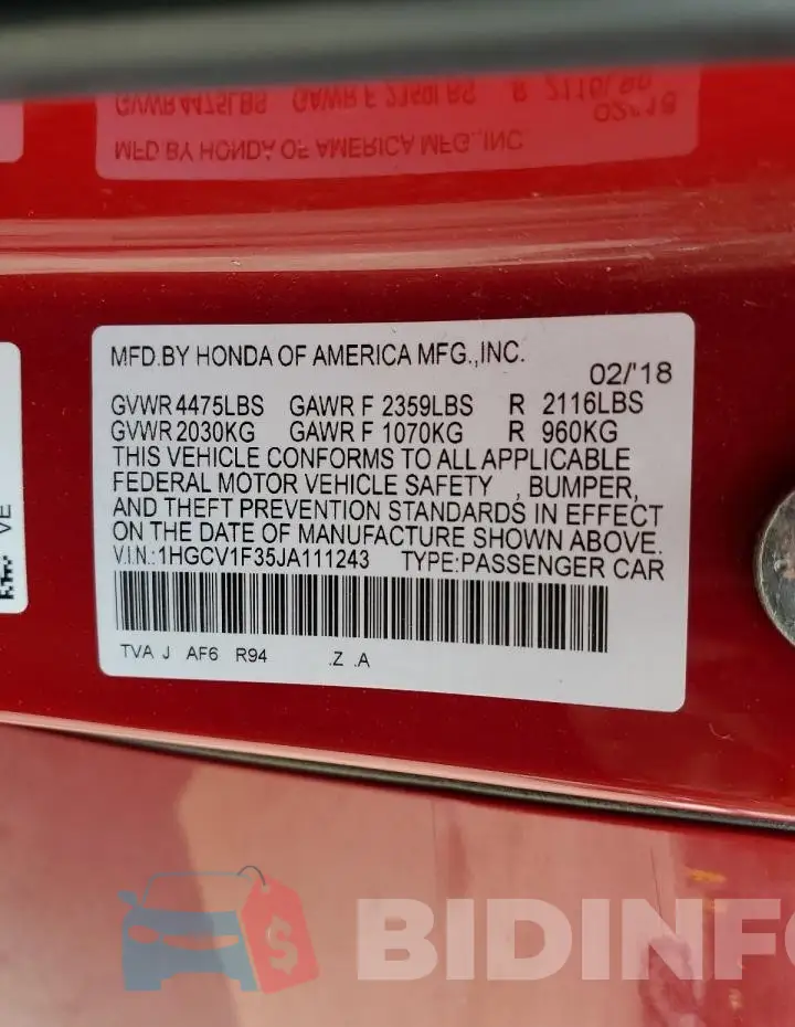 1HGCV1F35JA111243 Photo# 13