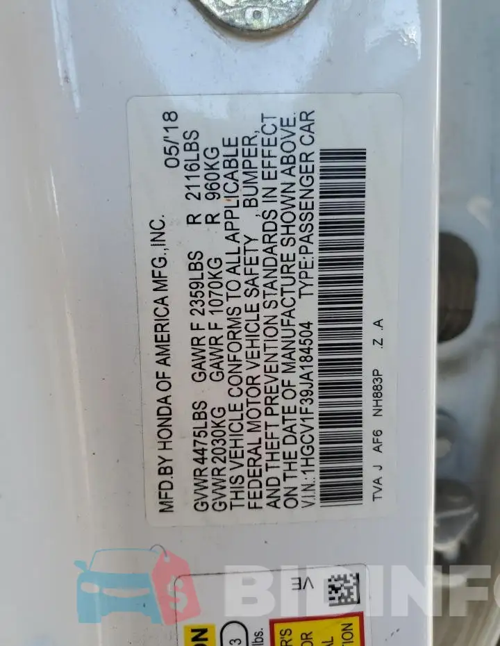 1HGCV1F39JA184504 Photo# 13