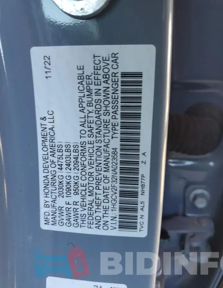 1HGCV2F32NA023584 Photo# 12